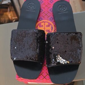 Tory Burch Black Sequin Slide Sandals